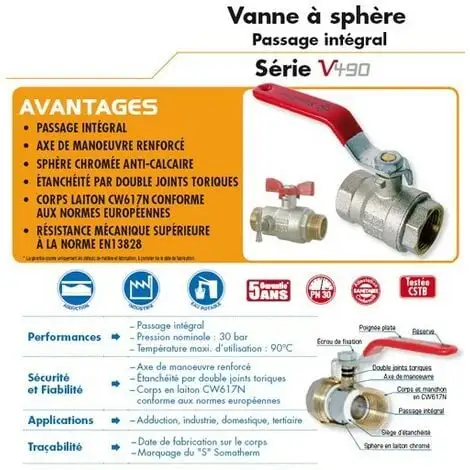 Vanne à Sphère PN30 Passage Intégral ACS Papillon Rouge M/F à Purge 1'(26x34) SOMATHERM 2 Vanne à Sphère PN30 Passage Intégral ACS Papillon Rouge M/F à Purge 1'(26x34) SOMATHERM – Image 2